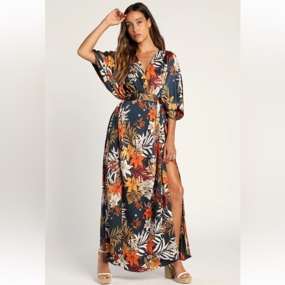 Lulus Dresses & Skirts - NWT Lulu’s Take a Holiday Navy Blue Tropical Print Maxi Dress XS/S